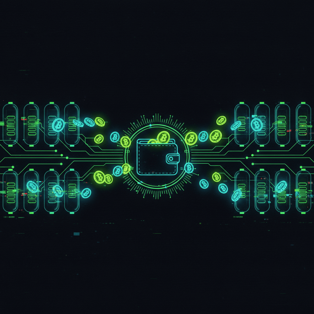 Cyberpunk illustration showing data pods releasing coins back into a wallet