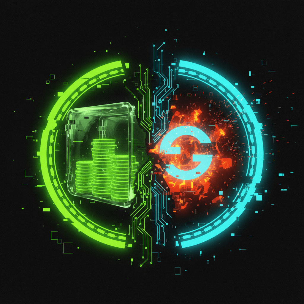 Cyberpunk illustration showing a Solana coin split between a deposit vault and a fee furnace
